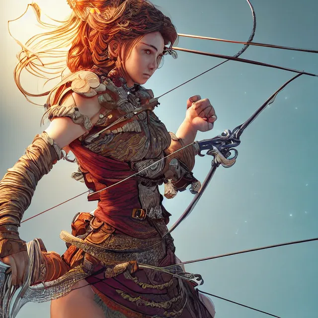 Prompt: the portrait of lawful neutral semi - colorful female archer huntress as absurdly beautiful, gorgeous, elegant, young girl, an ultrafine hyperdetailed illustration by kim jung gi, irakli nadar, intricate linework, bright colors, octopath traveler, final fantasy, unreal engine 5 highly rendered, global illumination, radiant light, detailed and intricate environment