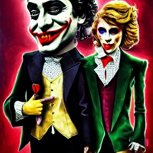 Image similar to ilya yefimovich repin and mimmo rottela and banksy as joaquin phoenix skinny joker, holding hand, lady gaga harley queen, ultra photorealistic, intricate details, pop art style, concept art, confident posse, object super details, 2 colours, warm color, 4 k, ultra smooth, sharp focus