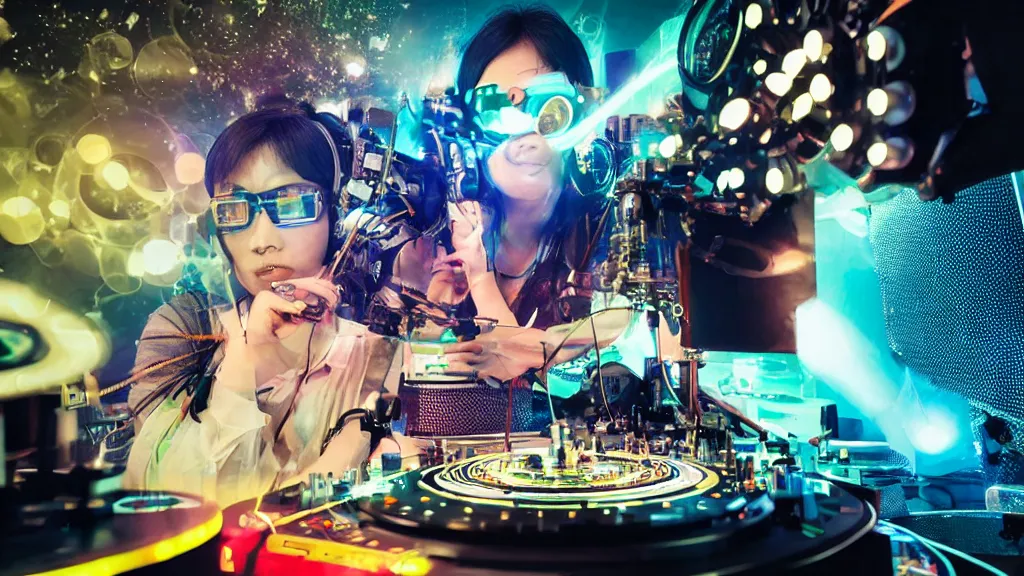 Image similar to an asian woman wearing goggles and visor and headphones using an intricate clockwork record player turntable contraption, robot arms, turntablism dj scratching, intricate planetary gears, smoky atmosphere, cinematic, sharp focus, led light strips, bokeh, iridescent, black light, fog machine, hazy, lasers, spotlights, motion blur, color