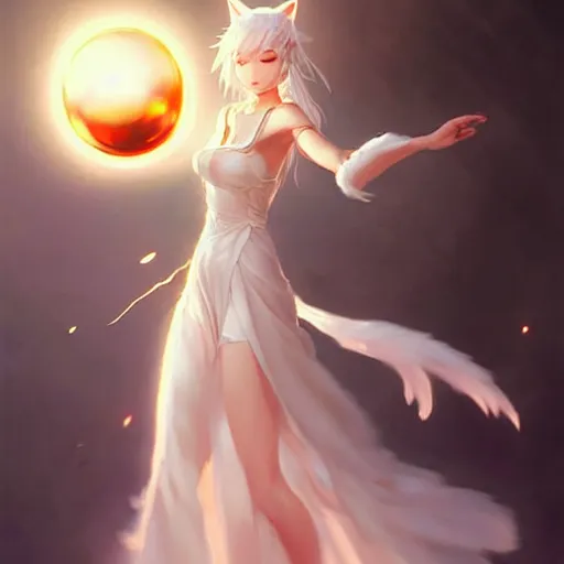 Image similar to a woman in a white dress holding a glowing ball | with nine white fox tails | a detailed painting by ross tran | wlop and stanley artgerm lau!!!!!!!!!!!!!!! | featured on deviantart | fantasy art | anime | 2 d game art | official art