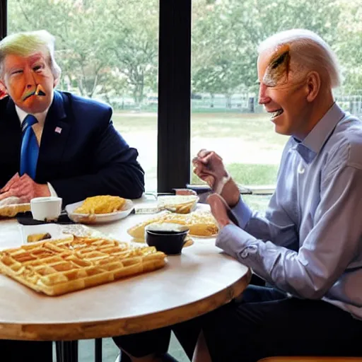 Image similar to photograph of trump and Biden sitting and eating breakfast at a Wafflehouse