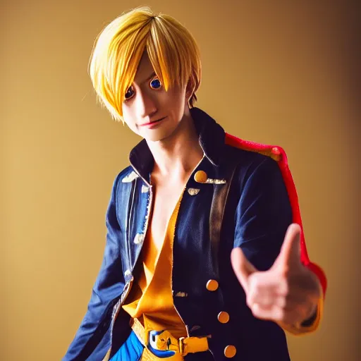 Prompt: A full portrait photo of real-life sanji one piece, f/22, 35mm, 2700K, lighting.