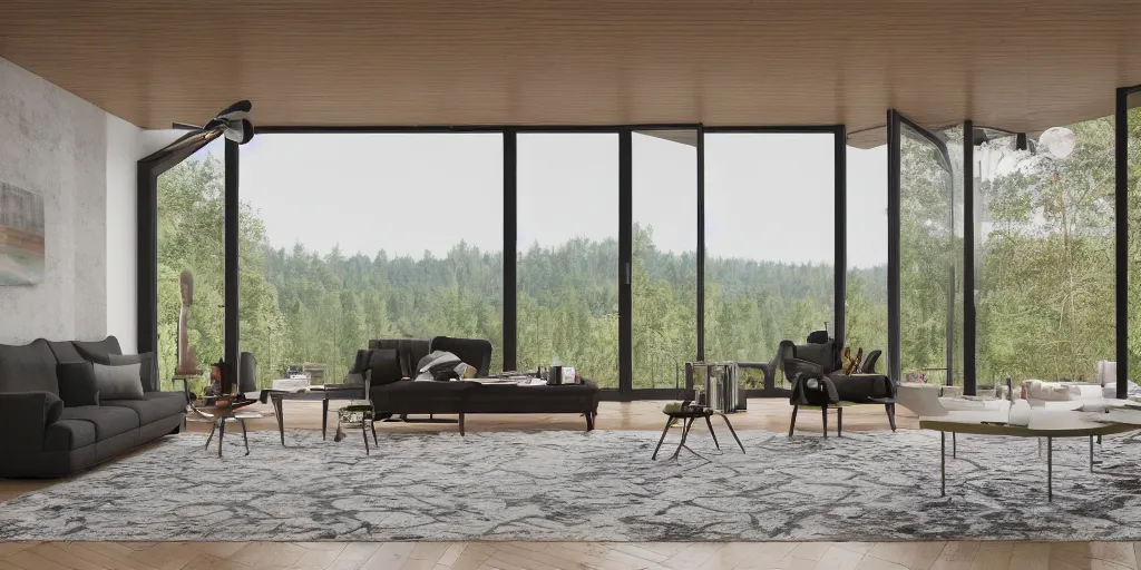 Image similar to a beautiful modern living room with wood floors, large windows with a beautiful view of a forest, an area rug, realistic, hd, 8 k, digital rendering, unreal engine, blender, octane, maya