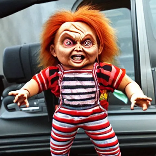 Image similar to chucky doll stuck in gridlock traffic and screaming