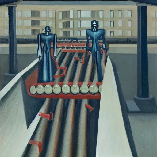 Image similar to drab human slaves on a conveyor belt, guarded by fascist robot overlords, brutalist facility, battersea, dystopian, pj crook, edward hopper, oil on canvas