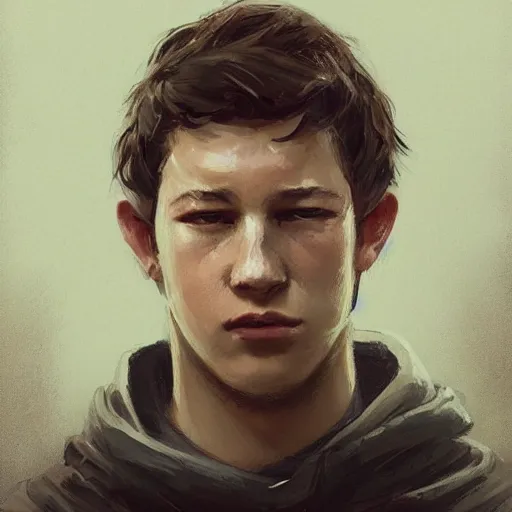 Image similar to portrait of a man by greg rutkowski, he looks like tye sheridan, he is about 2 0 years old, messy brown hair, tired eyes, he is wearing a black hoodie with hood, highly detailed portrait, digital painting, artstation, concept art, smooth, sharp foccus ilustration, artstation hq