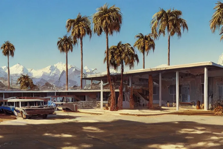 Image similar to natural american landscape | abandoned motel | palm trees | snowy mountains, painting by syd mead and weta studio and moebius and james jean and frank frazetta, highly detailed, rule of third, soft lighting, 8 k resolution, oil on canvas, architectural magazine, beautiful detailed, insanely intricate details, artstation trending, hypermaximalistic, high details, cinematic