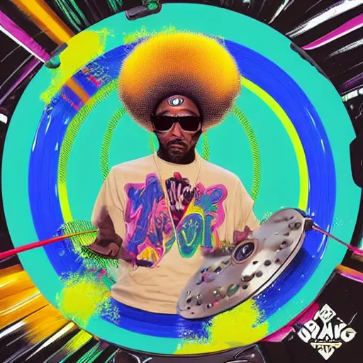 Image similar to svg sticker of a Dancing-Ben-Harper-Snoop-Spike-Lee-with-a-large-Afro-Puff, at a rave, spinning records, giant headphones rocking out, wearing headphones, huge speakers, dancing, rave, DJ, spinning records, digital art, amazing composition, rule-of-thirds, award-winning, trending on artstation, featured on deviantart