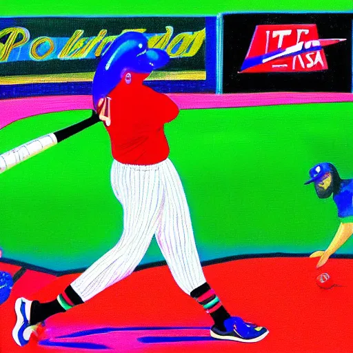 Prompt: Julio Rodríguez hitting a home run, 4k, by Lisa Frank