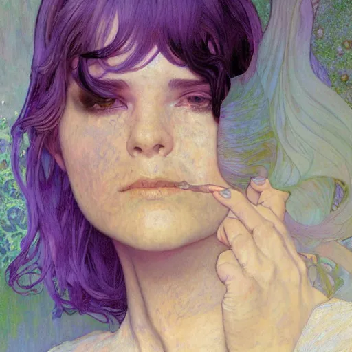 Image similar to A woman with violet hair and long pixie haircut in shorts and white shirt drawn by Donato Giancola and Jon Foster, frank frazetta, alphonse mucha, background by James Jean and gustav klimt, 4k, volumetric lighting, french nouveau, trending on artstation, octane render, hyperrealistic