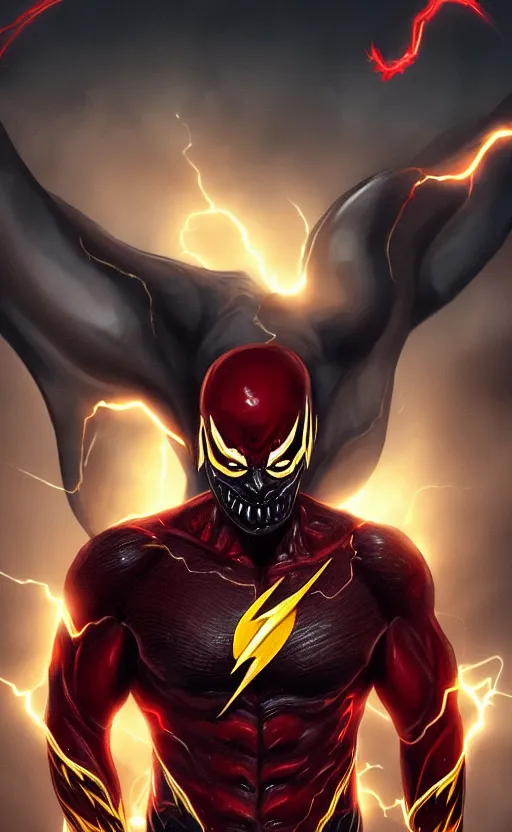 Image similar to full body portrait of venom as the flash, black and red, dynamic lighting, cinematic, ultra detailed, trending on art station, stunning visuals, creative, fantasy concept art