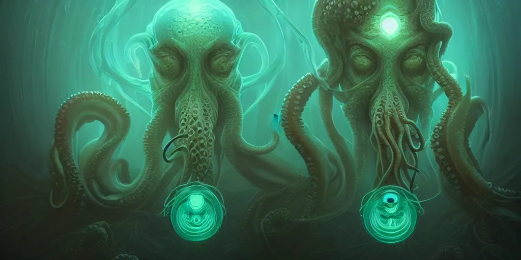 Image similar to cthulhu goddess portrait, squid coming from skull eyes, orchid, bioluminiscent, intricate artwork by tooth wu and wlop and beeple. trending on artstation, greg rutkowski very coherent symmetrical artwork. cinematic, hyper realism, high detail, octane render, aquarium