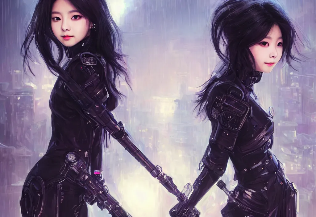 Prompt: portrait tzuyu from twice + black hair of futuristic female police, black armored uniform, at rooftop futuristic colorpunk tokyo rainy night, ssci - fi and fantasy, intricate and very very very beautiful, highly detailed, digital painting, artstation, concept art, smooth and sharp focus, illustration, art by tian zi and wlop and alphonse mucha