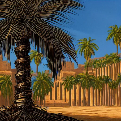 Image similar to old testament Court of Deborah under palm tree, cinematic, establishing shot, extremely high detail, shining, photo realistic, cinematic lighting, intricate line drawings, 8k resolution