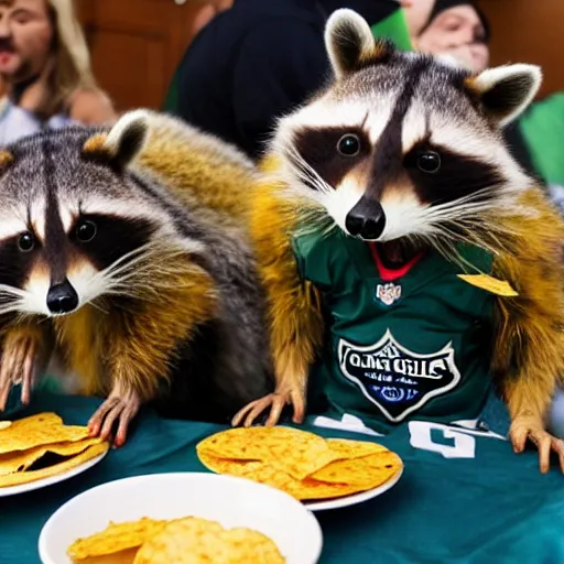 Prompt: 2 raccoons wearing eagles jerseys eating nachos at a Super Bowl party in Philadelphia, bill watterson