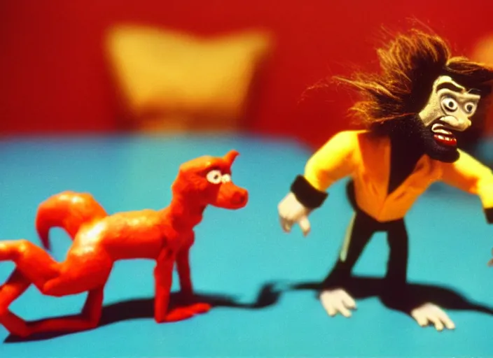 Prompt: 1 9 8 0 s cinematic screenshot cinestill portrait of a stop motion claymation film about a wacky adventure starring wolverine, shallow depth of field, 1 8 mm, f 1. 8