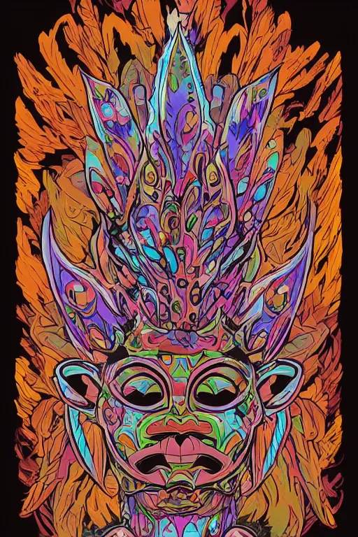 Image similar to animal mask totem roots flower tribal feather gemstone plant wood rock shaman vodoo video game vector cutout illustration vivid multicolor borderlands comics by josan gonzales and dan mumford radiating a glowing aura