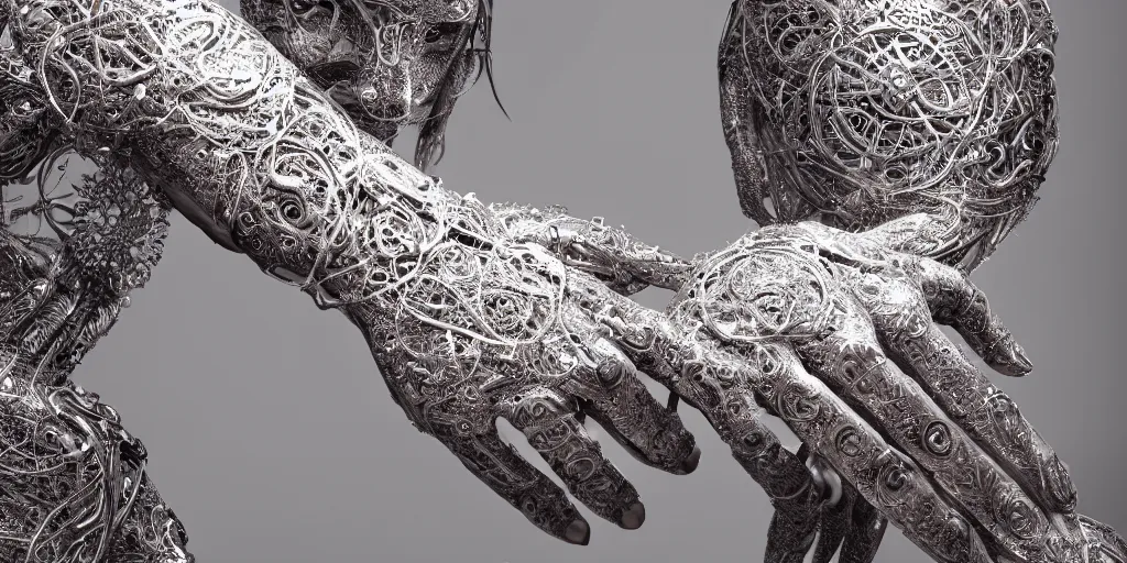 Prompt: hyper realistic photography of a beautiful cyborg androgynous humanoid, holding close, holding hands, chrome finish intricate filigree, in the style of beth cavener, jin kagetsu, wlop, highly detailed, symmetry, masterpiece, concept art, ringflash, highkey lighting, ambient lighting, octane render, 8 k, artstation