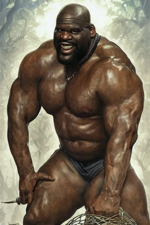 Image similar to portrait of shaquille o'neal as a hulking herculean demon, forest, godlike, full body, fantasy, intricate, elegant, highly detailed, digital painting, artstation, concept art, sharp focus, illustration, art by artgerm and greg rutkowski and alphonse mucha