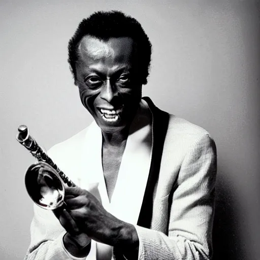 Image similar to miles davis smiling with 8 rows of sharp pointy teeth and wide eyes