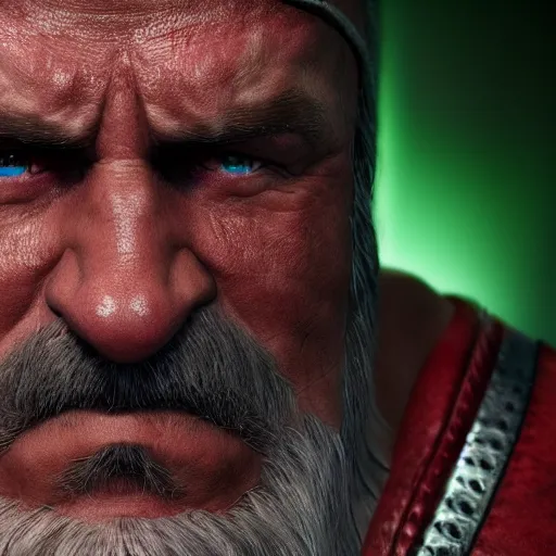 Image similar to ' hulk hogan in skyrim, ( gears of war ), splash art, movie still, detailed face, maga, patriot, cinematic lighting, dramatic, octane render, long lens, shallow depth of field, bokeh, anamorphic lens flare, 8 k, hyper detailed, 3 5 mm film grain