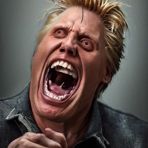 Image similar to hyperrealistic mixed media image of gary busey screaming at a mirror, stunning 3 d render inspired art by xiang duan and thomas eakes and greg rutkowski, perfect facial symmetry, hyper realistic texture, realistic, highly detailed attributes and atmosphere, dim volumetric cinematic lighting, 8 k octane detailed render, post - processing, masterpiece,