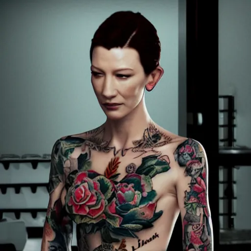 Image similar to full body yakuza tattooed cate blanchett, nose ring, 4k