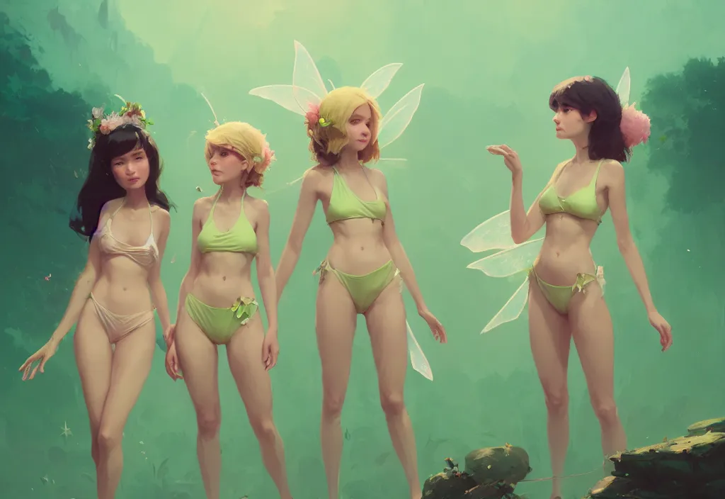 Prompt: portrait of two cute fairies in flower bikinis standing together with joe biden, fantasy, by atey ghailan, by greg rutkowski, by greg tocchini, by james gilleard, by joe gb fenton, dynamic lighting, gradient light green, brown, blonde cream, salad and white color in scheme, grunge aesthetic