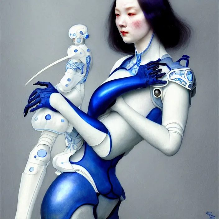 Prompt: porcelain cyborg, Chinese Blue and white porcelain exoskeleton 14th century, diffuse lighting, fantasy, elegant, lifelike, photorealistic, digital painting, artstation, illustration, concept art, smooth, sharp focus, art by John Collier and Albert Aublet and Krenz Cushart and Artem Demura and Alphonse Mucha