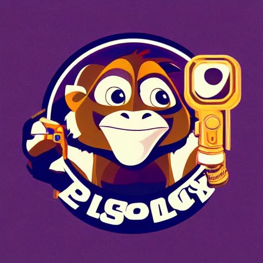 Image similar to “ logo of a monkey in the style of zootopia holding laser gun, with a black background, digital art, award winning, trending on art station, retro style ”