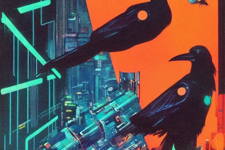 Image similar to 1979 OMNI Magazine Cover of a raven in neo-Tokyo in cyberpunk style by Vincent Di Fate