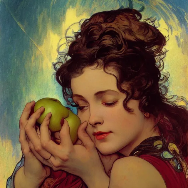 Image similar to an aesthetic! detailed close - up portrait of an aesthetic woman crying mournfully while holding an apple, by frank frazetta and alphonse mucha, oil on canvas, bright colors, art nouveau, epic composition, dungeons and dragons fantasy art, hd, god - rays, ray - tracing, crisp contour - lines, huhd - 8 k