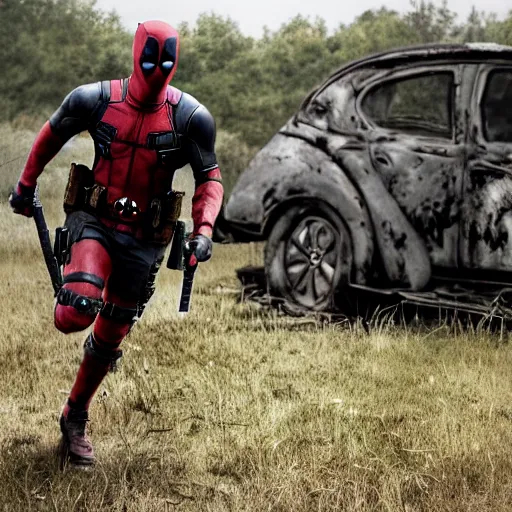 Image similar to deadpool in the walking dead 4 k detailed super realistic