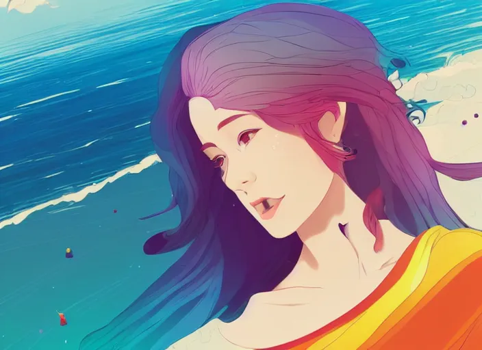 Image similar to a beautiful young woman with rainbow hair standing on a clifftop. clean cel shaded vector art. shutterstock. behance hd by lois van baarle, artgerm, helen huang, by makoto shinkai and ilya kuvshinov, rossdraws, illustration, art by ilya kuvshinov