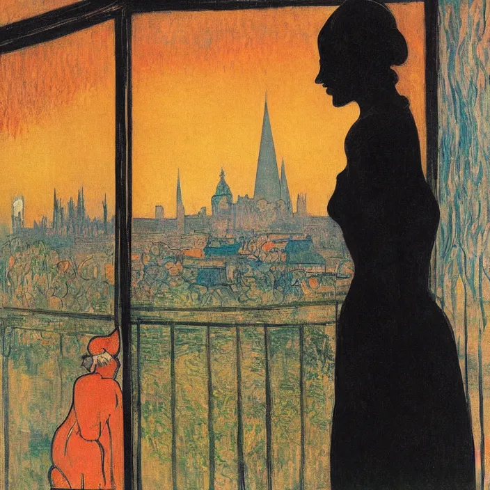 Prompt: portrait of sad woman and persian cat with city with gothic cathedral and tall trees seen from a window frame with curtains. sunset. mikalojus konstantinas ciurlionis, henri de toulouse - lautrec, utamaro, matisse, monet