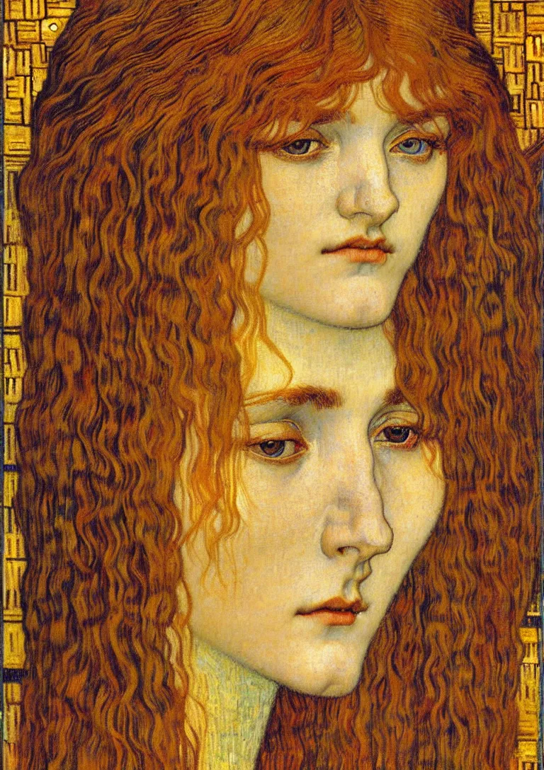 Image similar to detailed realistic beautiful young medieval queen face portrait by jean delville, gustav klimt and vincent van gogh, art nouveau, symbolist, visionary, gothic, pre - raphaelite, muted earthy colors, desaturated