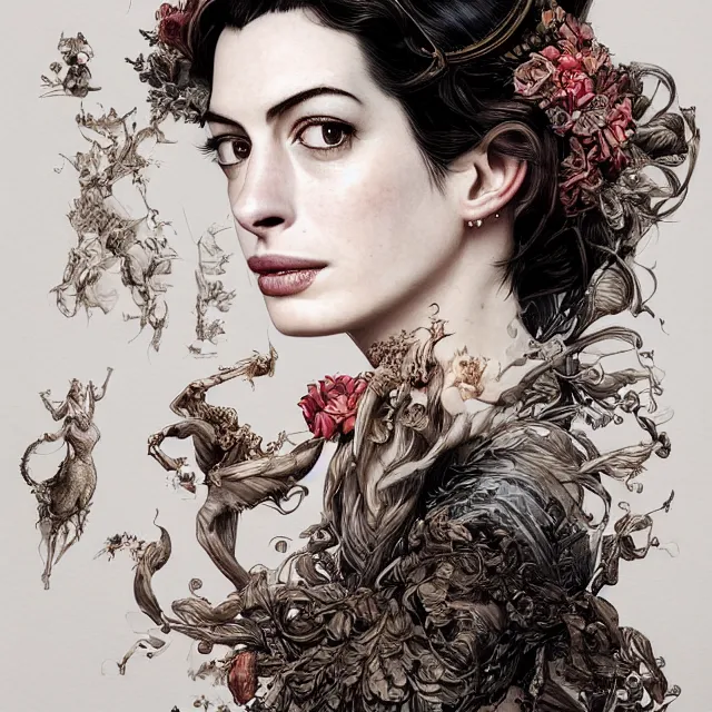 Image similar to the portrait of the lawful good alignment personified as anne hathaway, absurdly beautiful, graceful, elegant, sophisticated, young woman, an ultrafine hyperdetailed illustration by kim jung gi, irakli nadar, intricate linework, bright colors, octopath traveler, final fantasy, unreal engine 5 highly rendered, global illumination, radiant light, detailed and intricate environment