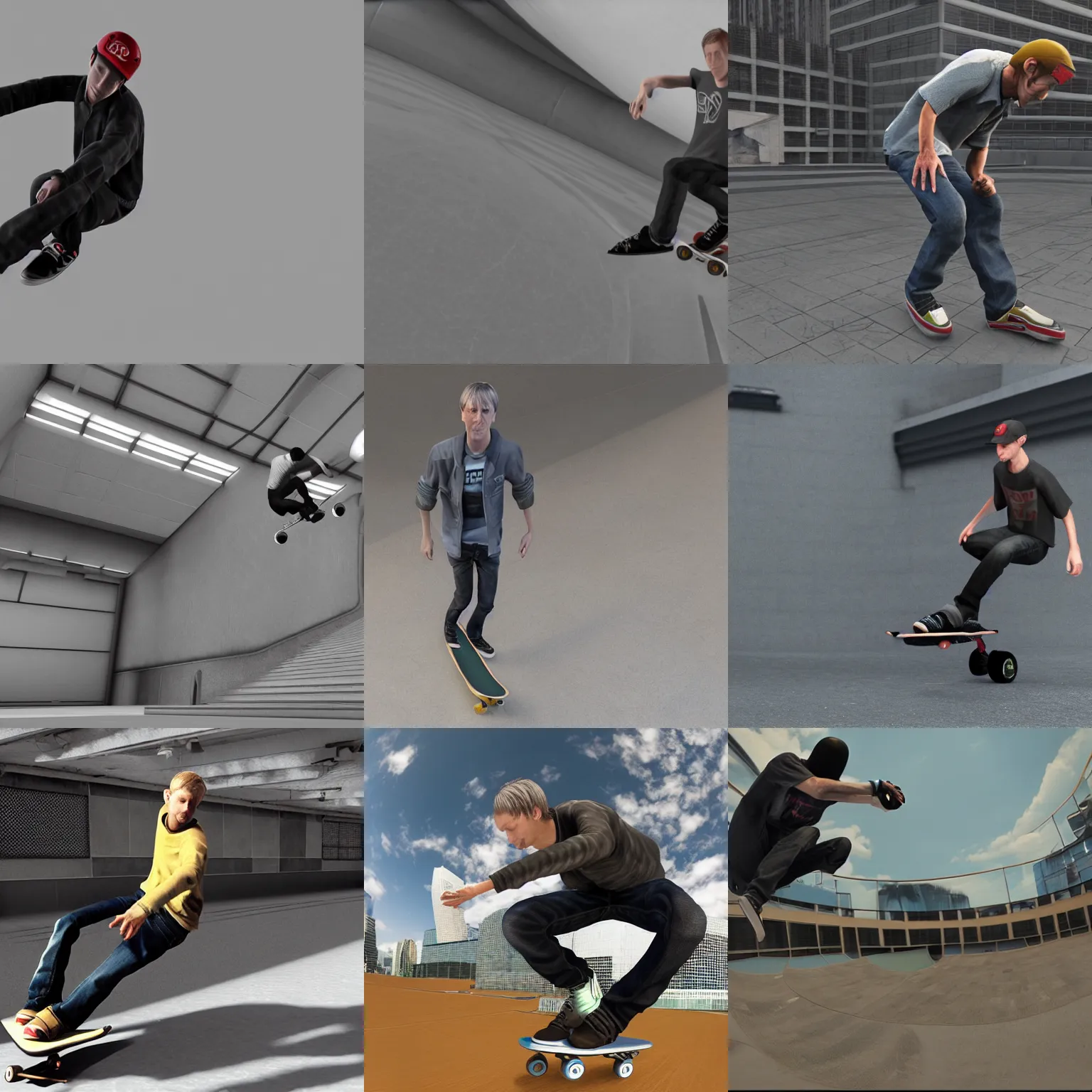 Image similar to tony hawk, 3 ds max animation, redshift render, realistic, cloth sim, fisheye, skater xl, skatrix 4 k