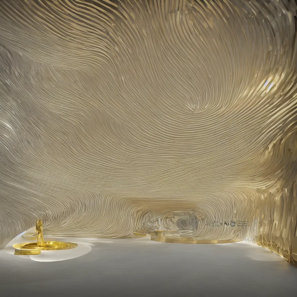 Image similar to an incredibly smooth curvilinear neo baroque interior architectural spatial sculpture, a golden pool on the ground is envelope by folding white surfaces, blue light, visually satisfying seductive architecture render