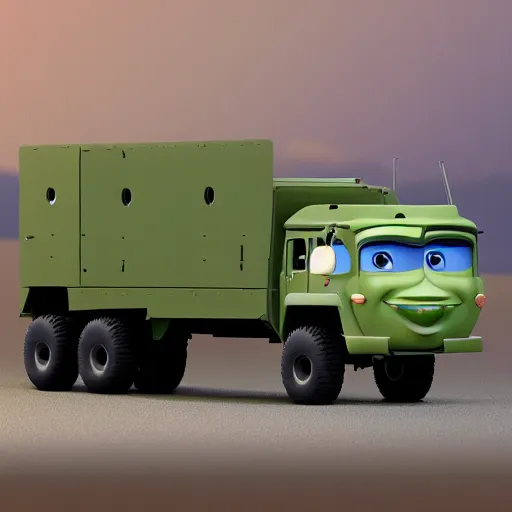 Prompt: HIMARS, Cars Pixar movie style, detailed, green