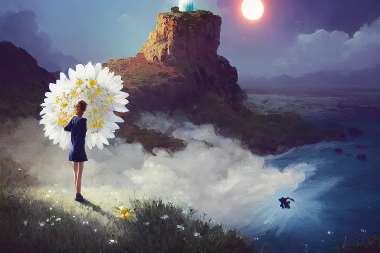 Image similar to huge white daisies blooming as a head, girl walking on cliff, surreal photography, solar eclipse, stars, dramatic light, impressionist painting, clouds, digital painting, artstation, james gilleard, liam wong, jeremy mann, simon stalenhag