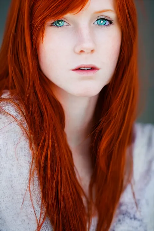 Image similar to a portrait of a redhead beautiful girl, green eyes, highly detailed, 3 5 mm f 1. 4 background silver fir