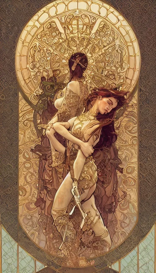 Image similar to soldiers, highly detailed, very intricate, art nouveau, gold filigree, left right symmetry, tarot concept art watercolor illustration by mandy jurgens and alphonse mucha and alena aenami, featured on artstation