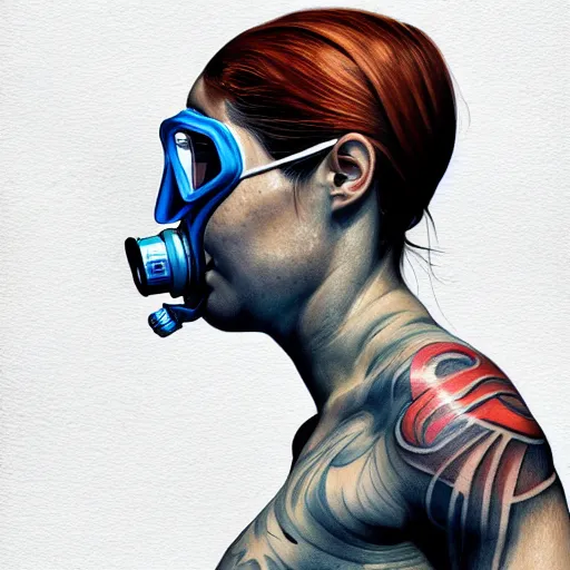 Prompt: diver with diving mask with tattoos on arm and neck, side profile in underwater, highly detailed, digital painting, artstation, concept art, smooth, sharp focus, illustration by Sandra Chevrier