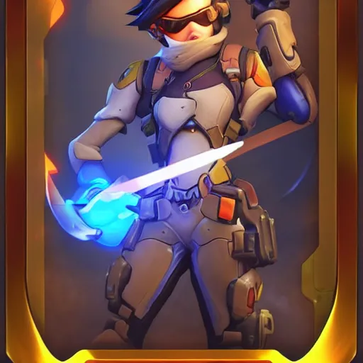 Prompt: A tracer from overwatch as a heartstone card art