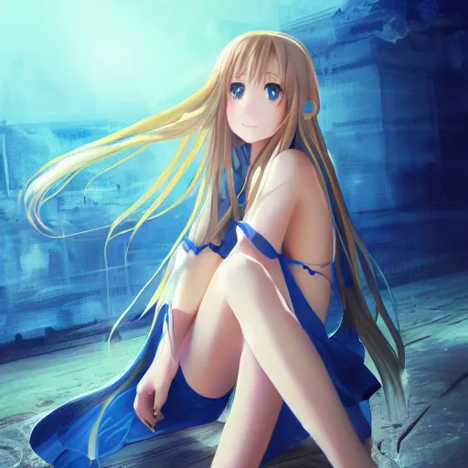 Image similar to a very beautiful young yuuki asuna, full body, long wavy blond hair, sky blue eyes, full round face,, shiny golden bikini, miniskirt, front shot, sitting in a dark prison cell, highly detailed, cinematic wallpaper by stanley artgerm lau