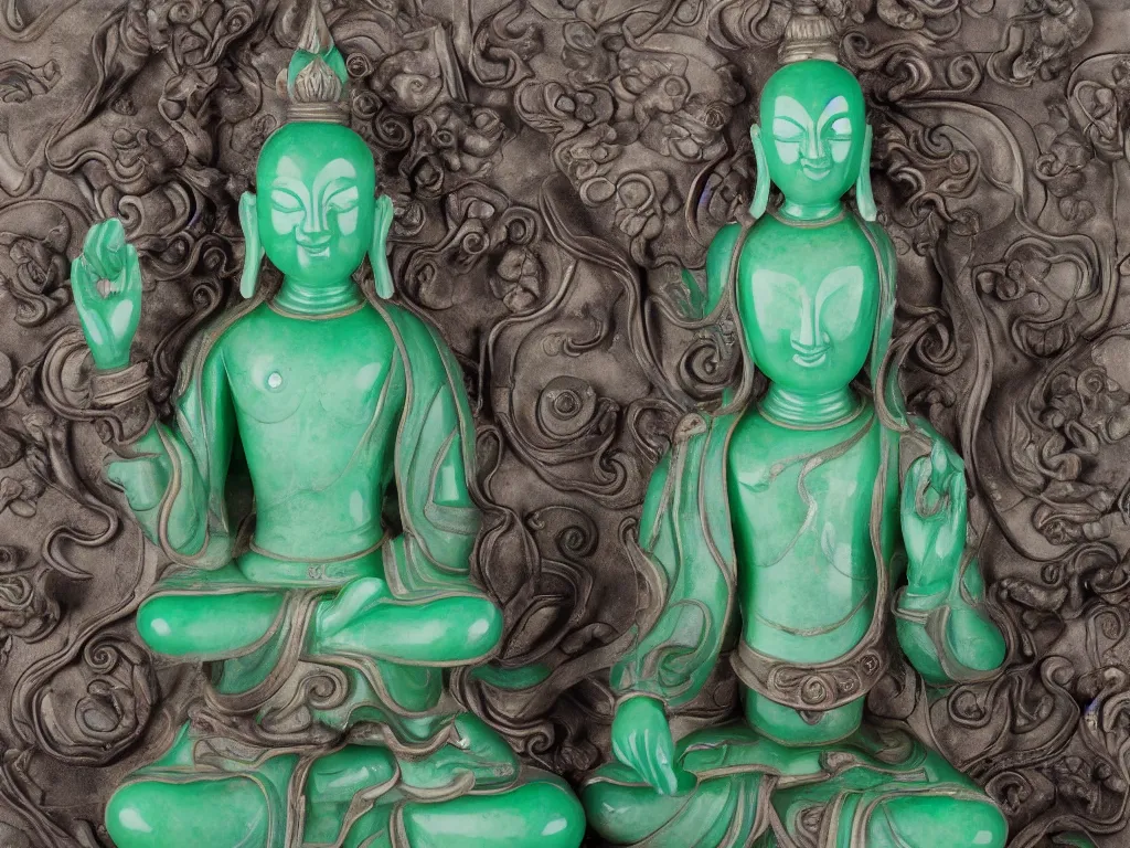 Image similar to beautiful detailed jade sculpture of meditating buda with with metal lotus flower on his head, in a gallery setting, influenced by ruan jia and greg rutkowsk. professional studio photo, full object in middle, well centered, 3 5 mm, high definition