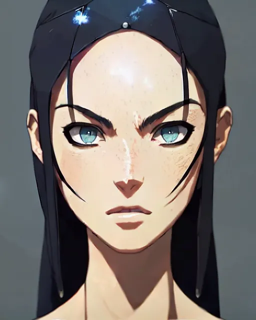 Image similar to azctec, megan fox, gemstone forehead, detailed perfect face, exquisite details, fire magic, mid view, design on a white background, by studio muti, greg rutkowski makoto shinkai takashi takeuchi studio ghibli