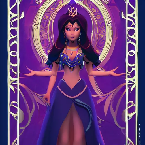 Prompt: princess jasmine, artstation hq, dark phantasy, stylized, symmetry, modeled lighting, detailed, expressive, created by hideo kajima