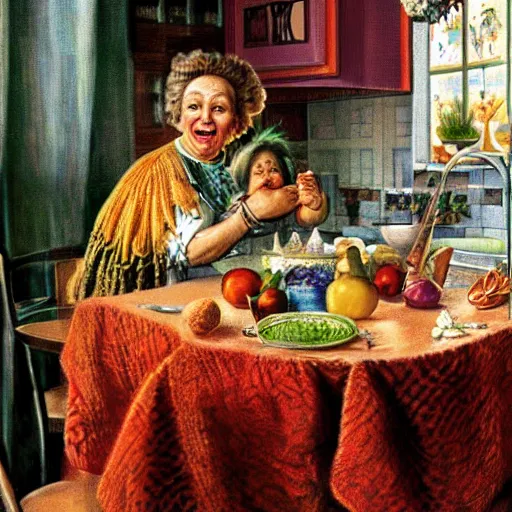 Image similar to hyper realistic hight detailed grandmother with a big mouth eating a baby on the table in the russian kitchen, style by ernst haeckel, bright colors